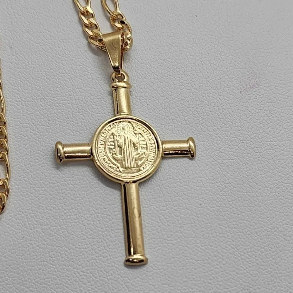 Brand New   Brazilian 18k Gold Filled Cross with  San Benedict Necklace
